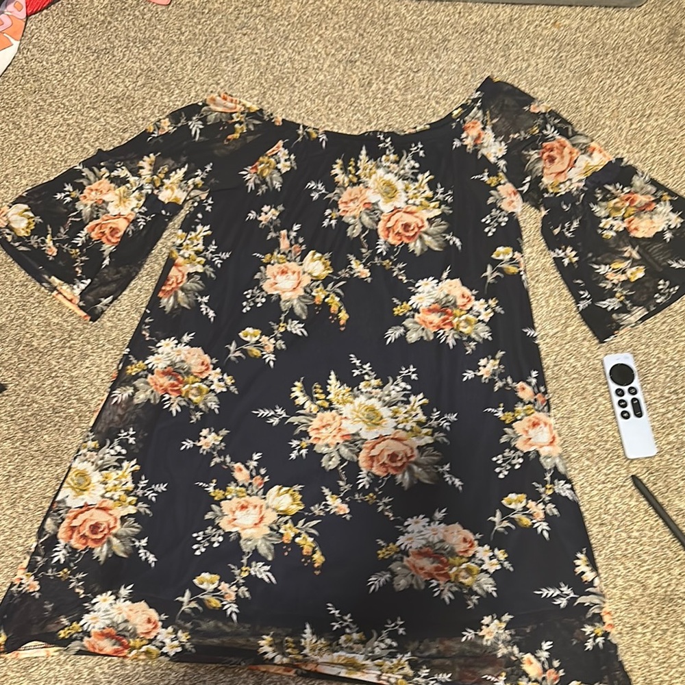 Black Off the Shoulder Midi Dress with Bell Sleeves and Floral Relaxed Style